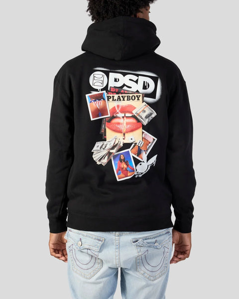 Black hoodie with DSD and Playboy graphic print on back featuring magazine cutouts and red lips imagery.