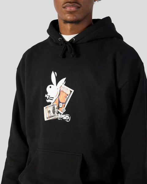 Black hoodie with white Playboy bunny logo and money graphic printed on chest.