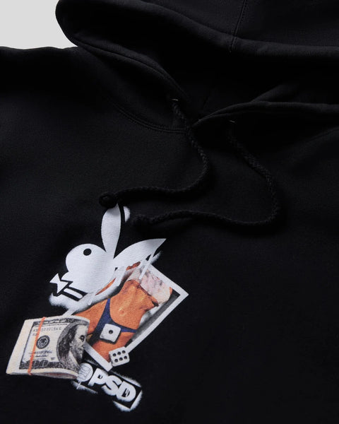 Black hoodie with white Playboy bunny logo holding money and dice graphic on chest.