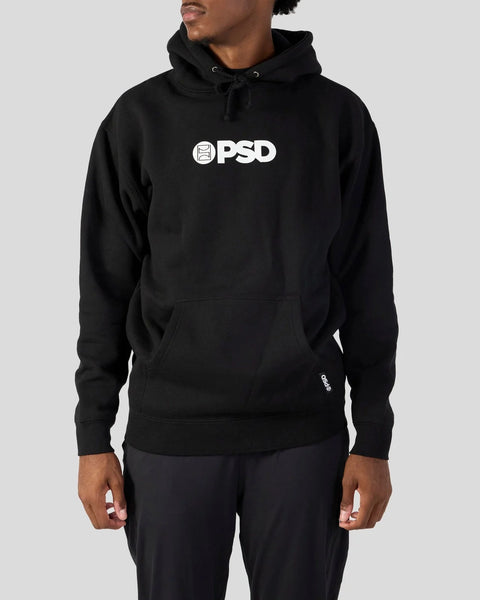 Black PSD hoodie with white logo print on chest and drawstring hood.