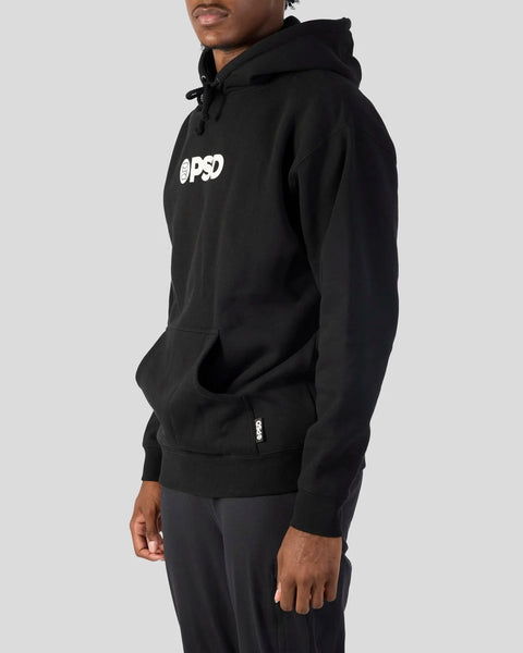 Black hoodie with white PSD logo on chest and small logo on lower front pocket.