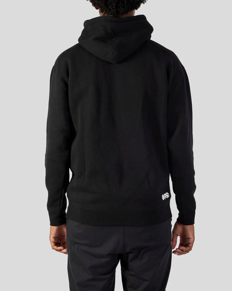 Black pullover hoodie with drawstring hood and small white logo on lower left sleeve, shown from back.