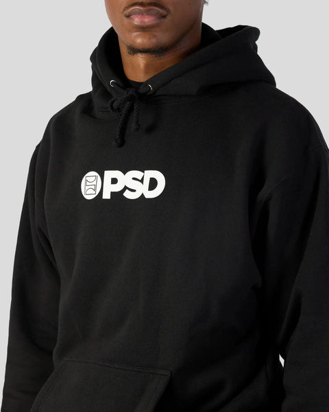 Black hoodie with white PSD logo on chest, drawstring hood, and front pocket.