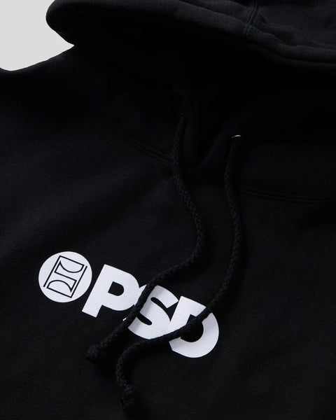 Black hoodie with white PSD logo and geometric icon on chest, drawstring visible.