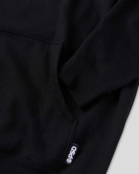 Black hoodie with ribbed cuffs and drawstring, PSD brand label visible on lower front.