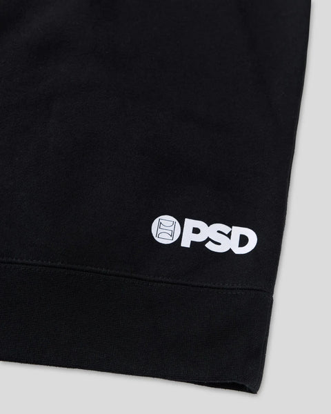 Black hoodie with white PSD logo and icon on lower front.