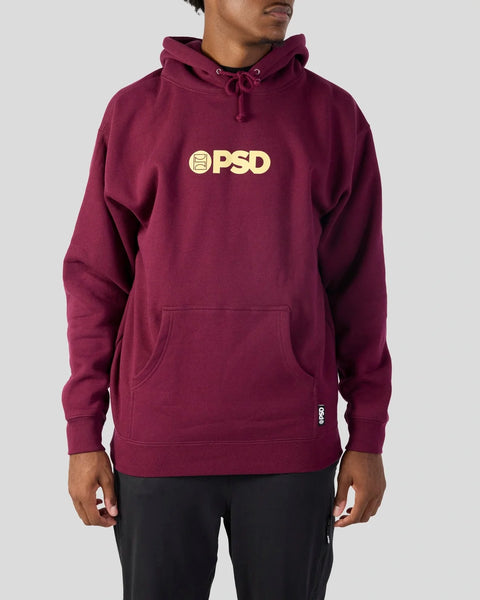 Maroon hoodie with yellow PSD logo on chest, drawstring hood, and front kangaroo pocket.