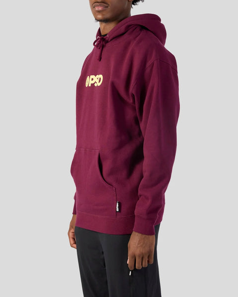 Maroon hoodie with yellow PSD logo on chest, drawstring hood, and front kangaroo pocket.