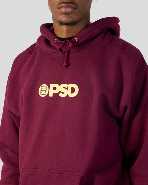 Maroon hoodie with yellow PSD logo on chest and drawstring hood.