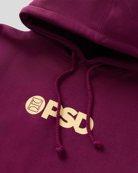 Maroon hoodie with cream-colored PSD logo and drawstring on chest.