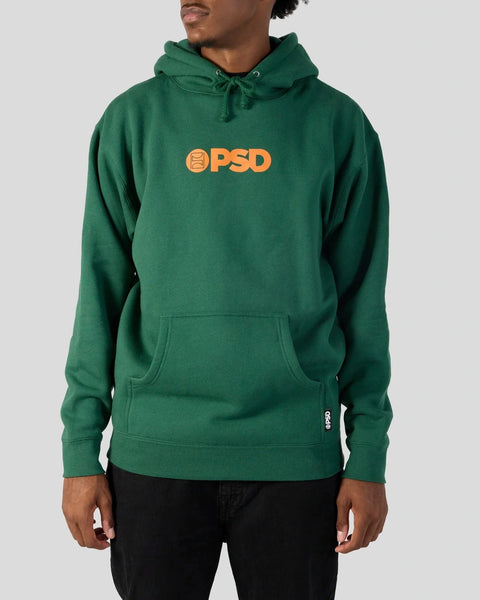 Green hoodie with orange PSD logo on chest, drawstring hood, and front kangaroo pocket.