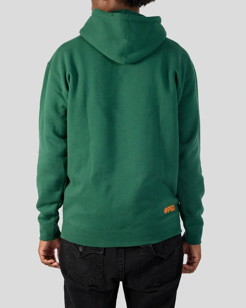 Green pullover hoodie with orange logo on lower back, shown from behind on model wearing black jeans.