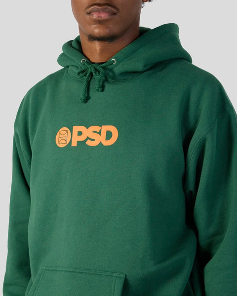Green hoodie with orange PSD logo on chest, drawstring hood, and front kangaroo pocket.