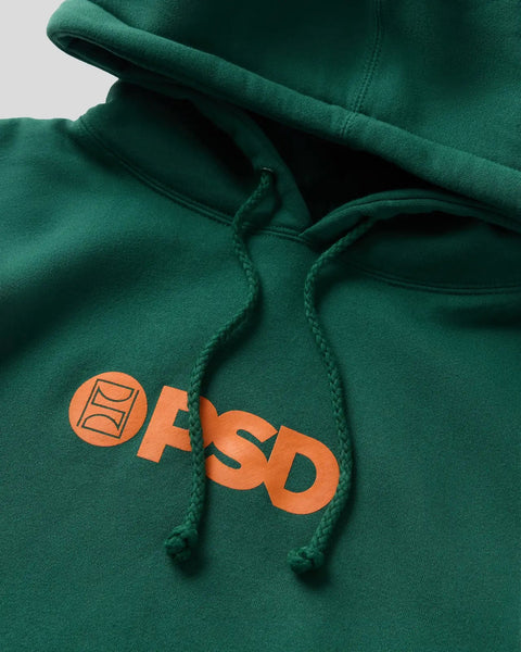 Green hoodie with orange PSD logo and drawstring detail on chest.