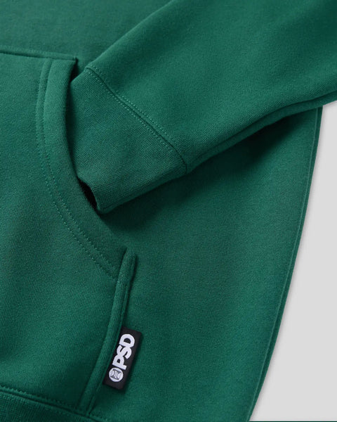 Green hoodie with kangaroo pocket, sleeve cuff detail, and PSD brand label visible on pocket.