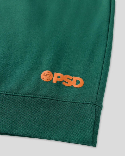 Green hoodie with orange PSD logo embroidered on chest.