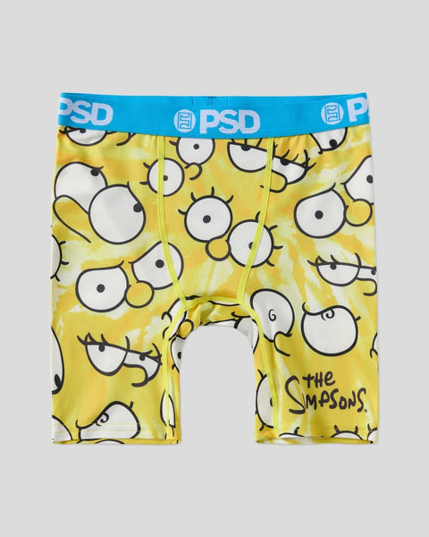 Yellow boxer briefs with blue PSD waistband featuring repeated cartoon eyes pattern and 