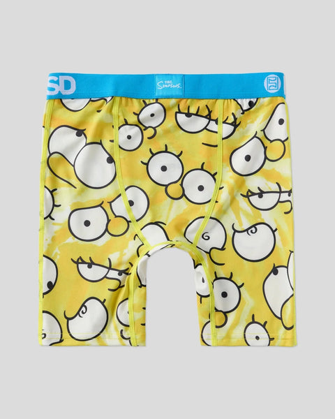 Yellow boxer briefs with repeated cartoon eyes pattern and blue waistband featuring The Simpsons branding.
