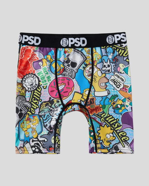 PSD boxer briefs with black waistband featuring colorful Simpsons characters, skulls, and text patterns throughout.