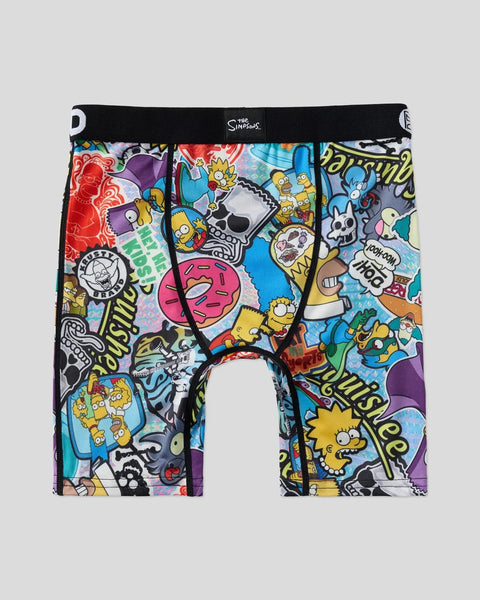 Simpsons-themed boxer briefs with colorful holographic print featuring characters, donuts, and text on black waistband.