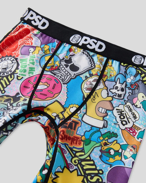 PSD brand underwear with holographic Simpsons characters, donuts, and text prints on colorful background.