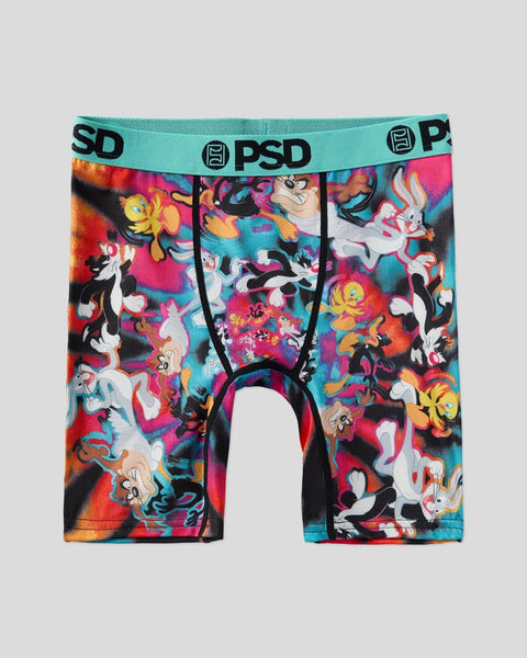 PSD Looney Tunes Chase boxer briefs with turquoise waistband and colorful cartoon character print on multicolored background.
