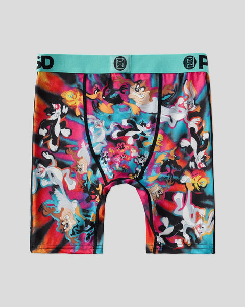 Colorful boxer briefs with Looney Tunes characters printed throughout on pink, orange, and teal background with turquoise wai