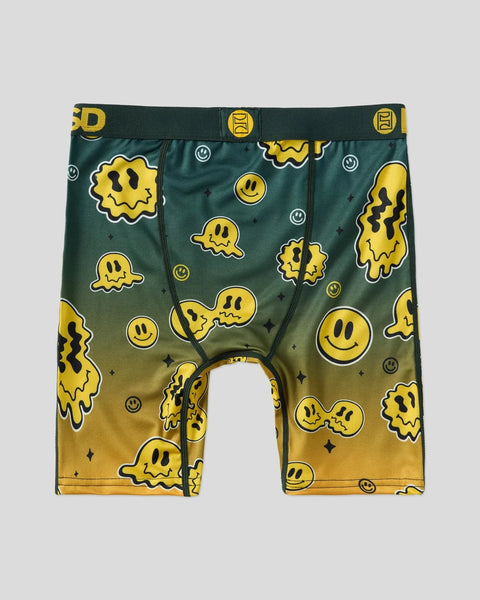 Green and yellow ombre boxer briefs with yellow smiley faces, melting faces, and small stars throughout, elastic waistband wi
