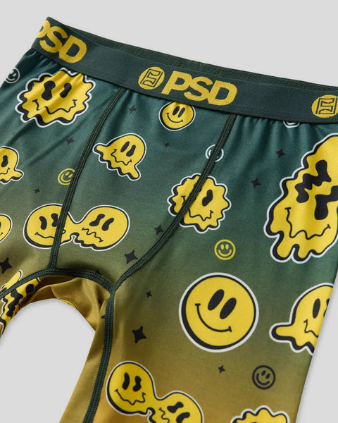 Dark green briefs with yellow smiley faces, melting faces, and PSD branding on elastic waistband.