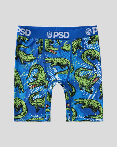 Blue boxer briefs with lime green alligator print and white PSD waistband.