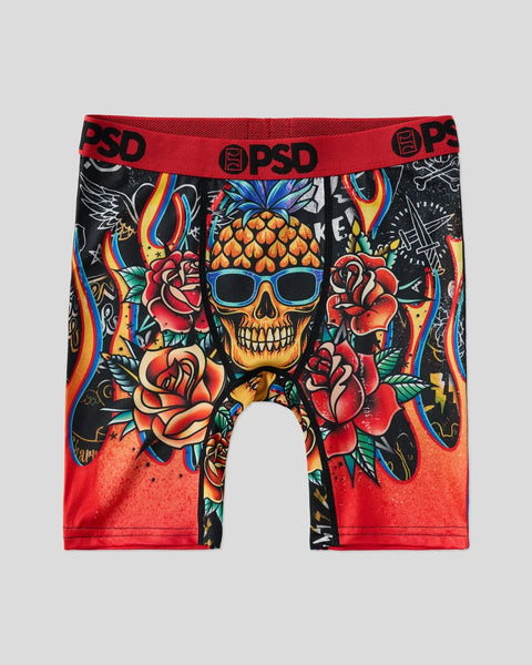 Red and black boxer briefs with pineapple-headed skull and rose tattoo-style print, red PSD waistband.