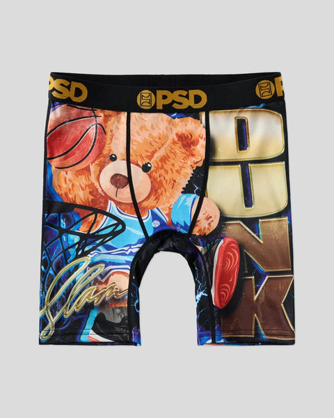 Black boxer briefs with PSD waistband featuring an orange teddy bear holding a basketball and colorful graphic print.