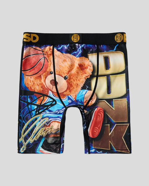 Brown teddy bear dunking basketball with lightning and sneaker graphics on black boxer briefs.