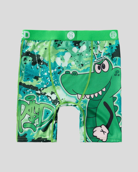 Green and teal children's underwear with cartoon crocodile character and splatter print design.