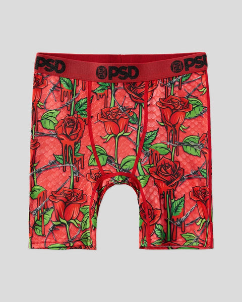 Red boxer briefs with red roses and green leaves print, PSD waistband with black logo.