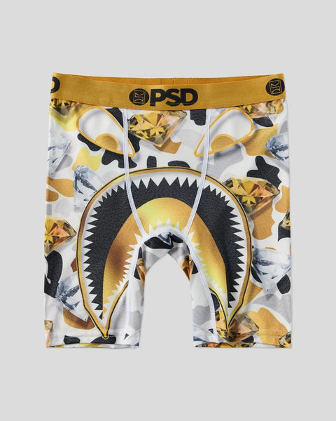 PSD brand boxer briefs with gold and black shark mouth graphic design and gold waistband.