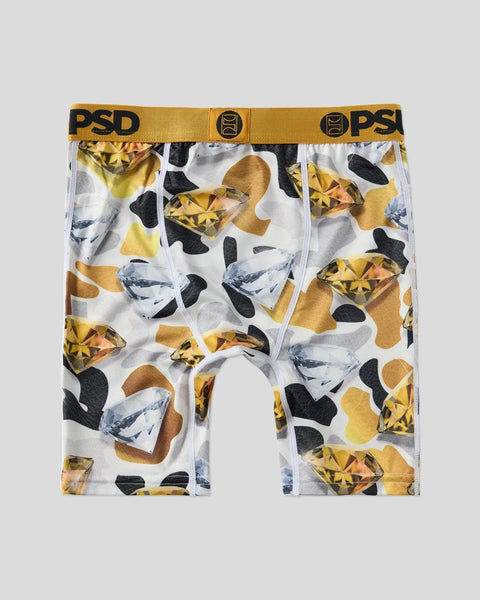 PSD boxer briefs with gold waistband featuring white base and allover pattern of gold diamonds, black shapes, and gray crysta