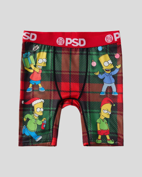 PSD boxer briefs featuring Bart Simpson characters in holiday outfits on red and green plaid background.
