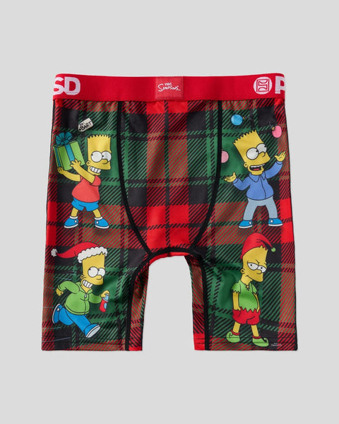 Red and green plaid boxer briefs featuring Simpsons characters in holiday attire with red waistband.