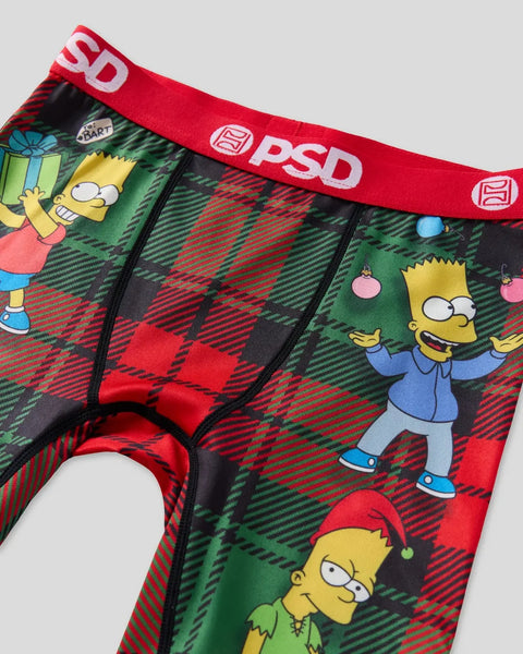 PSD brand underwear with red tartan pattern and Simpsons characters including Bart, Lisa, and Homer with holiday ornaments.