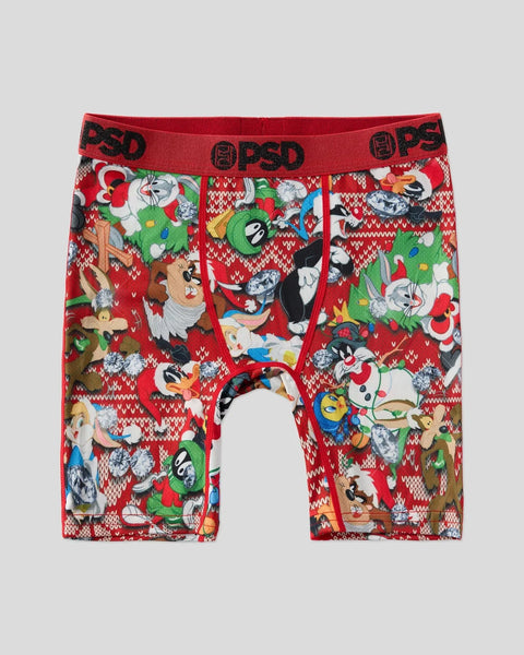 Red boxer briefs with Looney Tunes holiday characters and knit pattern, red waistband with PSD branding.