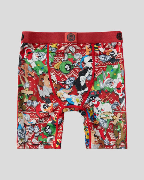 Red boxer briefs with Looney Tunes characters and holiday-themed knit pattern throughout.