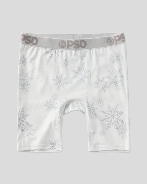 White boxer briefs with gray snowflake pattern and gray PSD waistband.