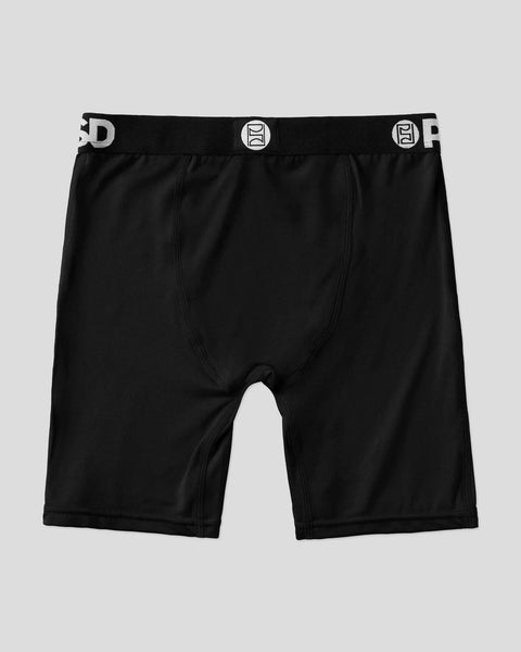 Black boxer briefs with branded waistband and circular logo buttons, shown as single pair from three-pack.
