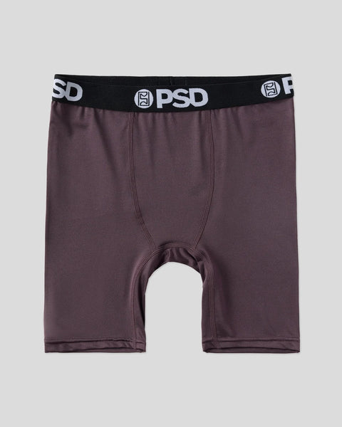 Deep purple boxer briefs with black PSD waistband and center seam detail.
