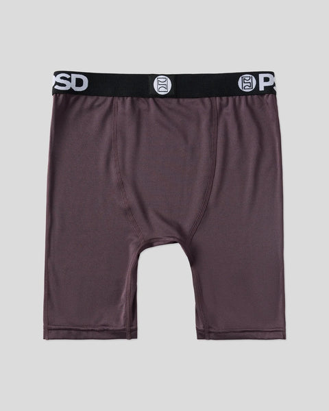 Purple solid boxer briefs with black waistband featuring brand logo and circular emblem.