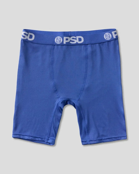 Royal blue PSD boxer briefs with white logo waistband and center seam detail.