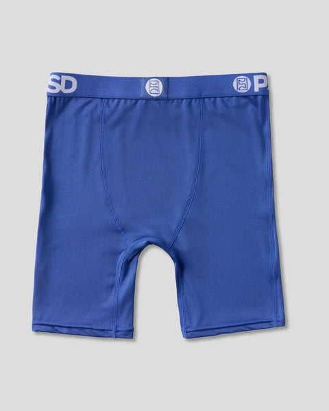 Royal blue boxer briefs with branded waistband and center seam detail.