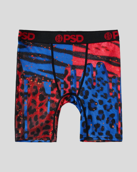 PSD boxer briefs with red and blue abstract pattern, black waistband with red logo.