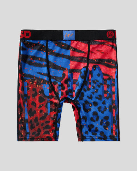 Red and blue leopard print boxer briefs with black waistband and blue logo label.